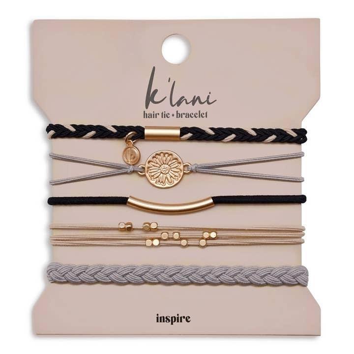 "Inspire" Grey & Black with Gold Flower Accent Hair Tie Bracelets