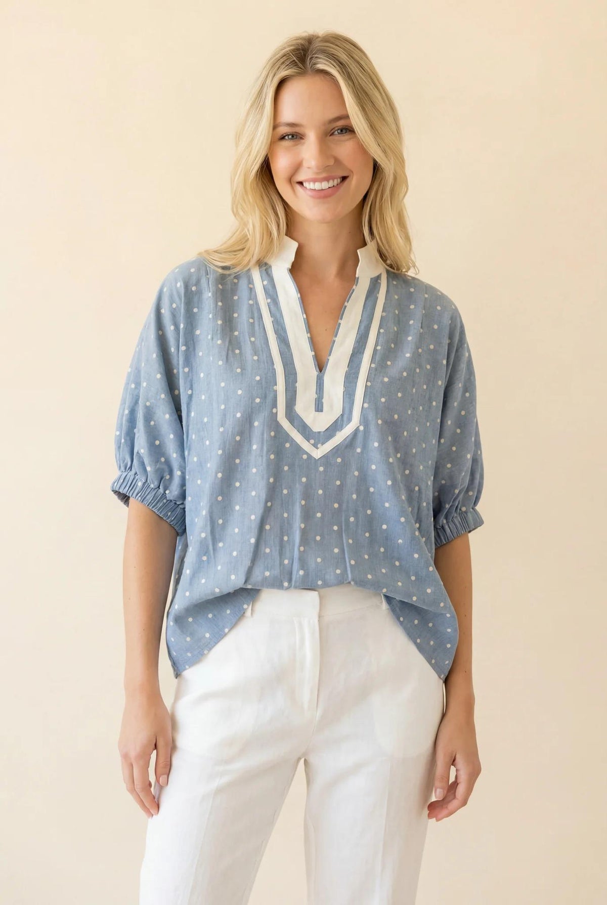 Polka Dot Puff Sleeve V-Neck Top by Heimish