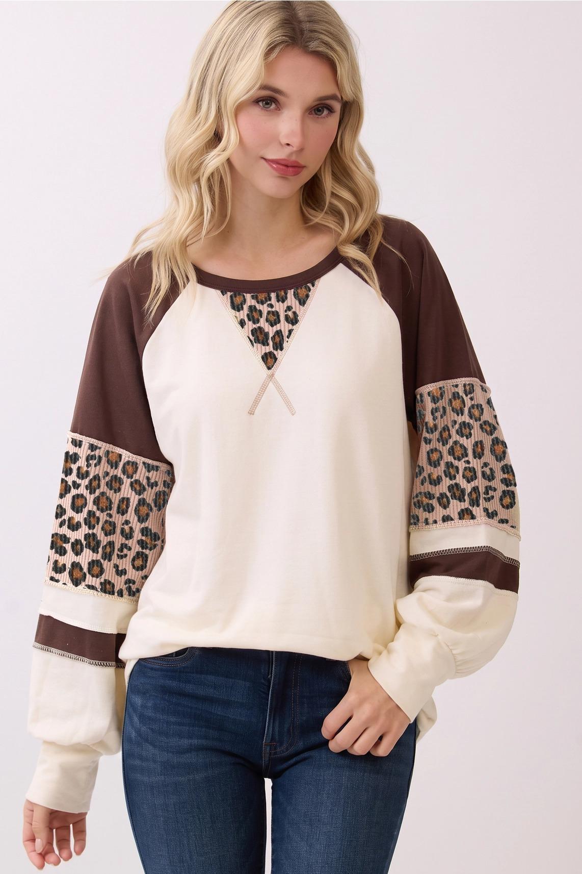 Cream & Brown Leopard Contrast Ribbed Sweatshirt by 7th Ray - T6126