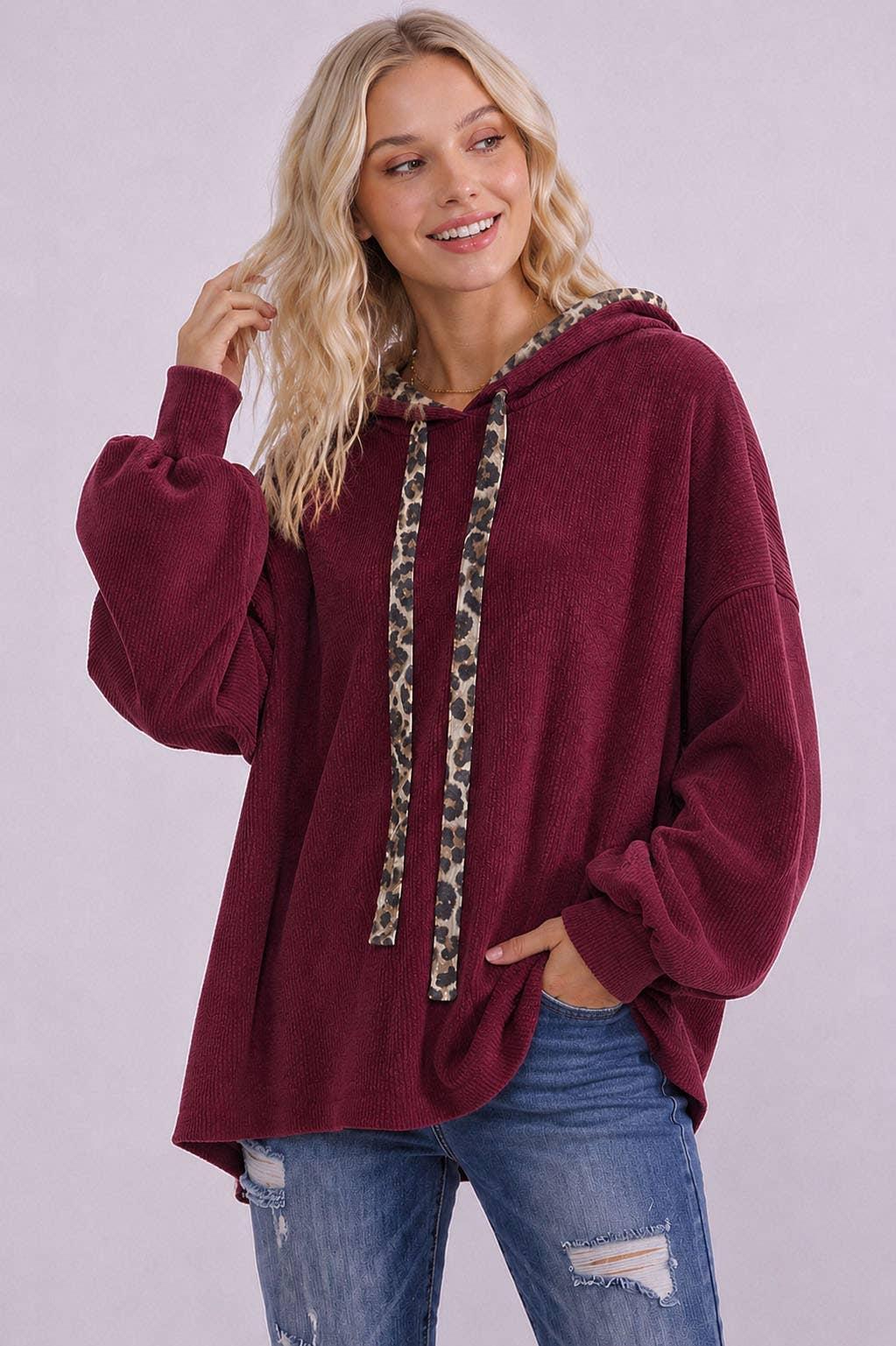Oversized Boutique Pullover Trim Knit Hoodie by 7th Ray - Available in Nutmeg and Burgundy T6420