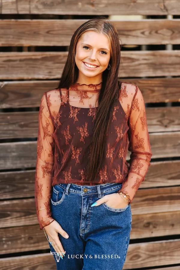 Brown Mesh Long Sleeve Stretch Top