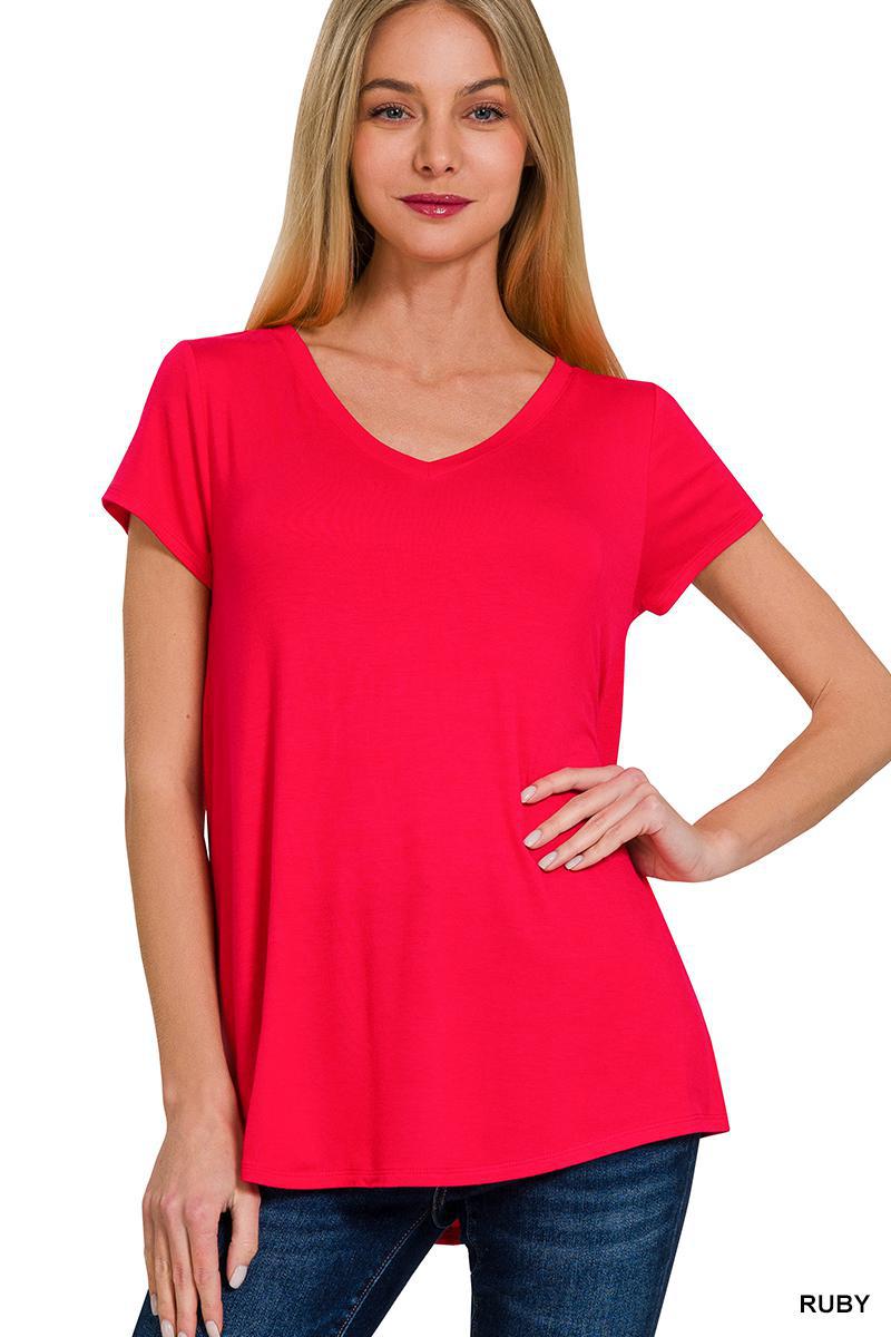 Ruby Red Rayon Short Sleeve V-Neck Round Hem Top