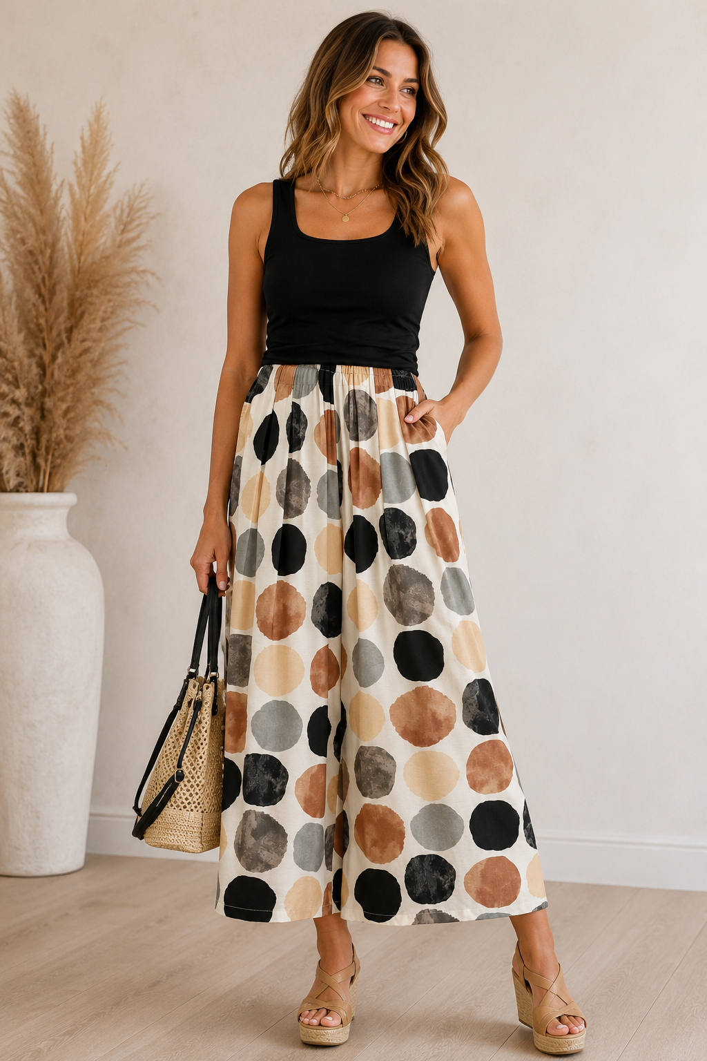 Black Mix Dot Print Wide Leg Pants by Umgee
