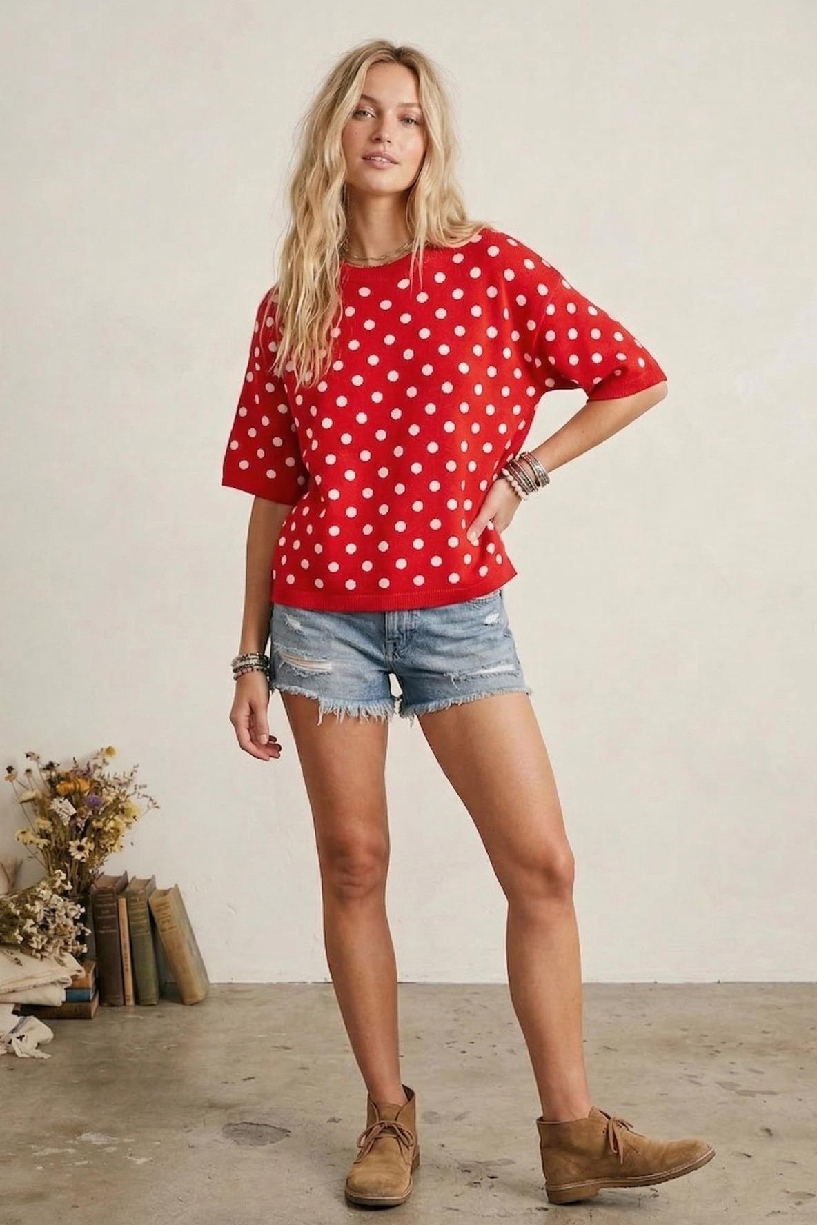 Red/White Oversized Polka Dot Sweater Top