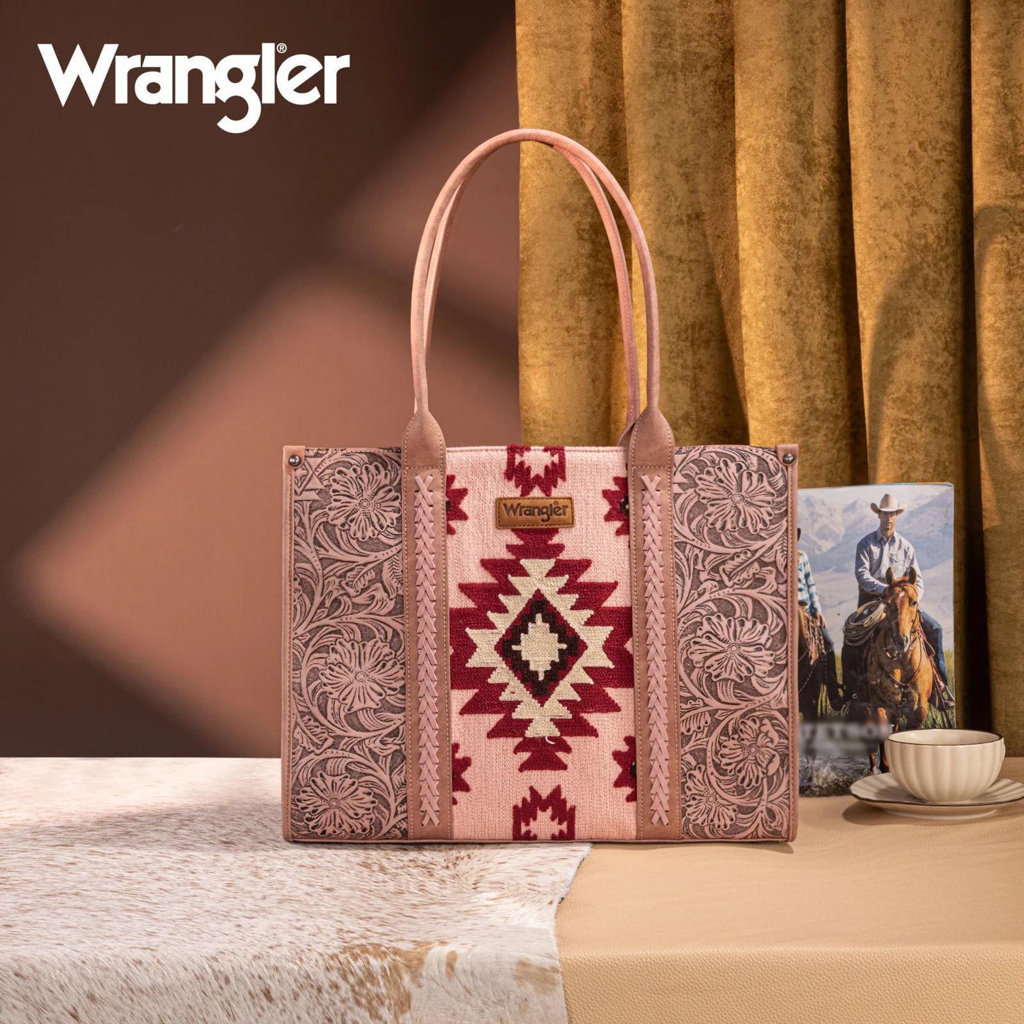 Dark Pink Wrangler Tooled Aztec Pattern Print Concealed Carry Large Tote by Wrangler