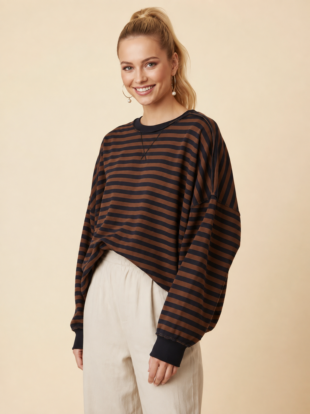 Navy & Brown Striped Drop-Shoulder Pullover Sweatshirt by Heimish