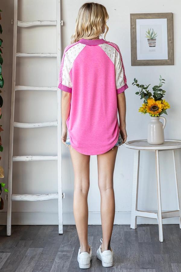Pink Color Block V Neck Banded Short Sleeve Top