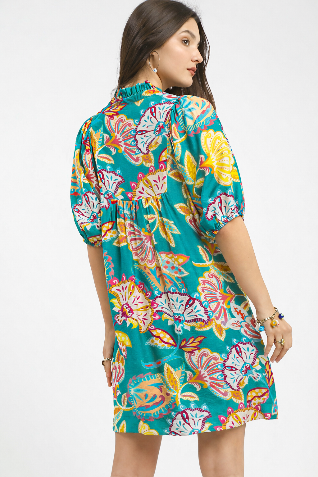 Emerald Mix Abstract Print Puff Sleeve Babydoll Dress by Umgee