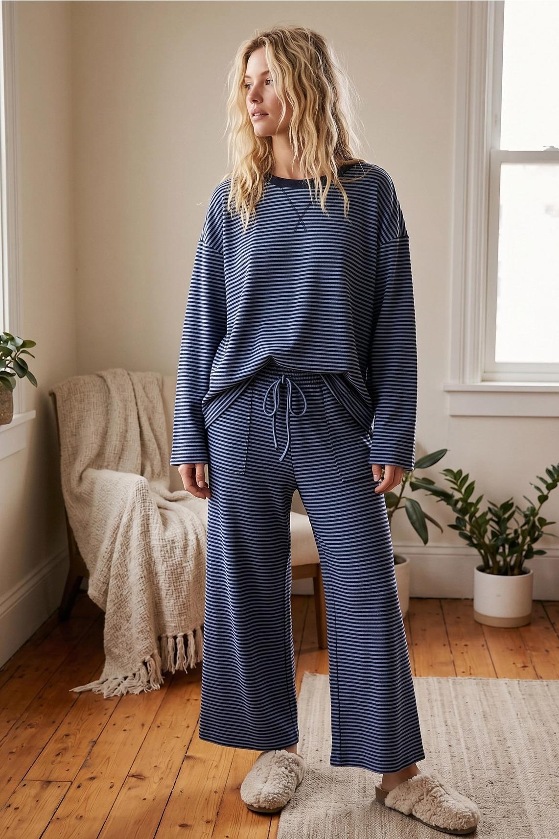 Blue & Navy Striped Relaxed Top & Wide Leg Pants Knit Set by Sewn and Seen