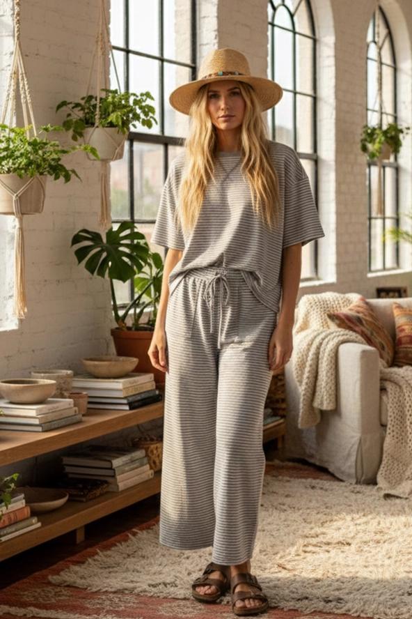 H. Grey & White Striped Knit Lounge Set