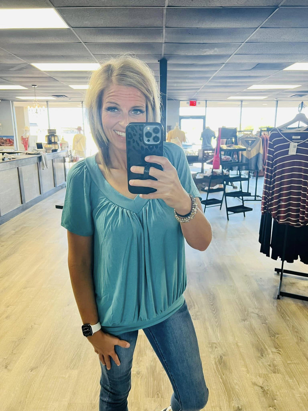 Dusty Teal V-Neck Shirring Top