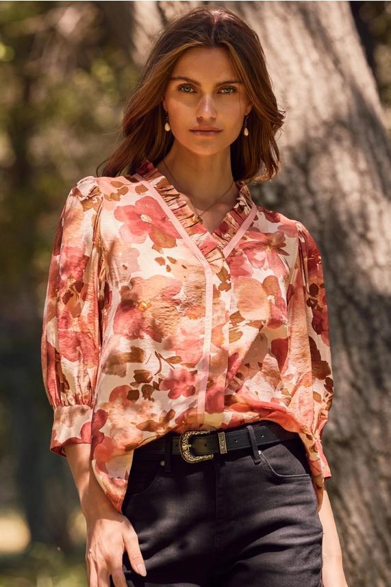 Crinkled Floral Blouse with Contrast Piping by Oddi