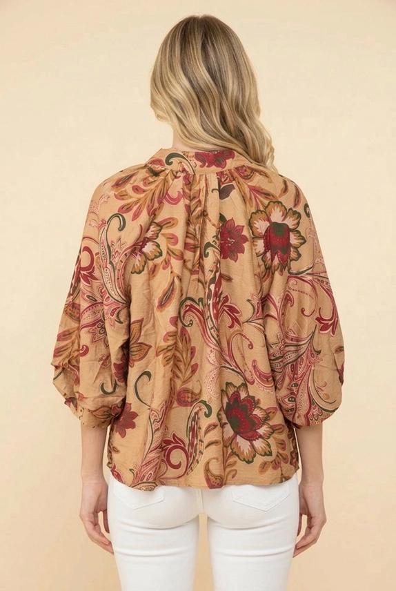 Paisley Print V-Neck Balloon Sleeve Top by Heimish