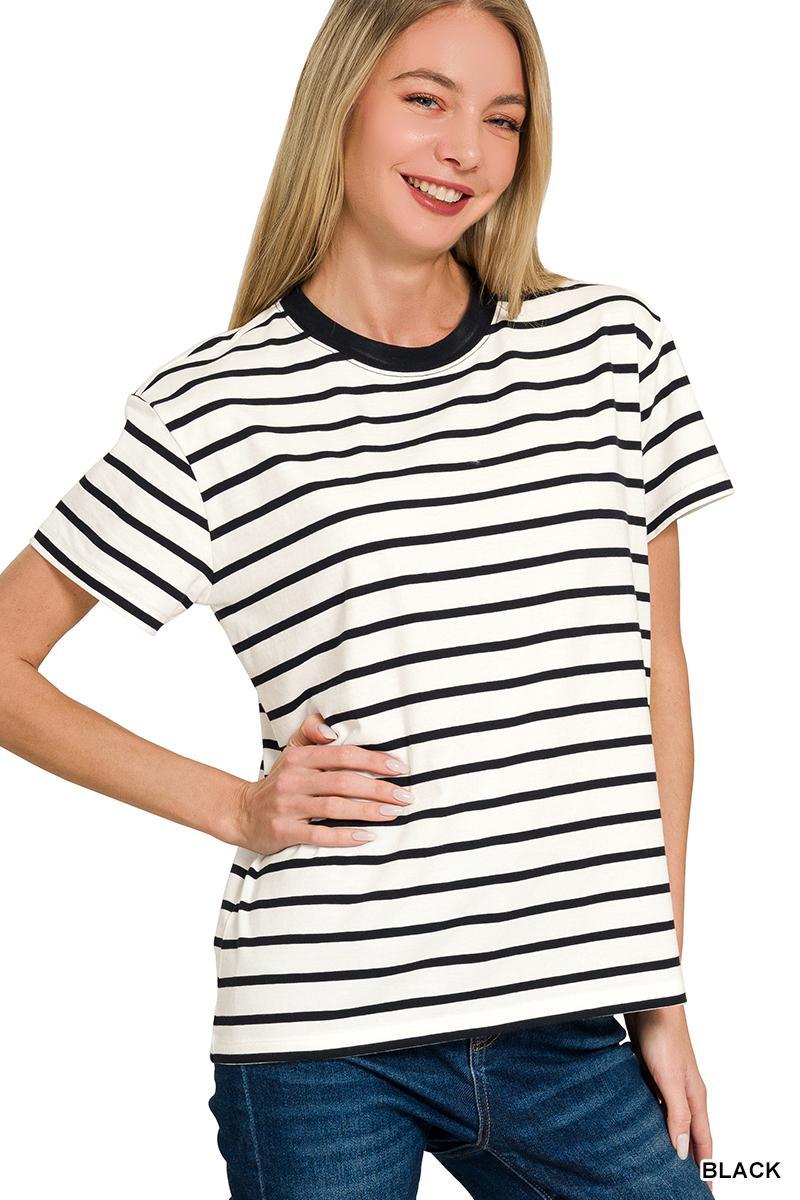 Striped Crew Neck Relaxed Fit Tee - Available in Black, Brown, Coral, Hot Pink and Green
