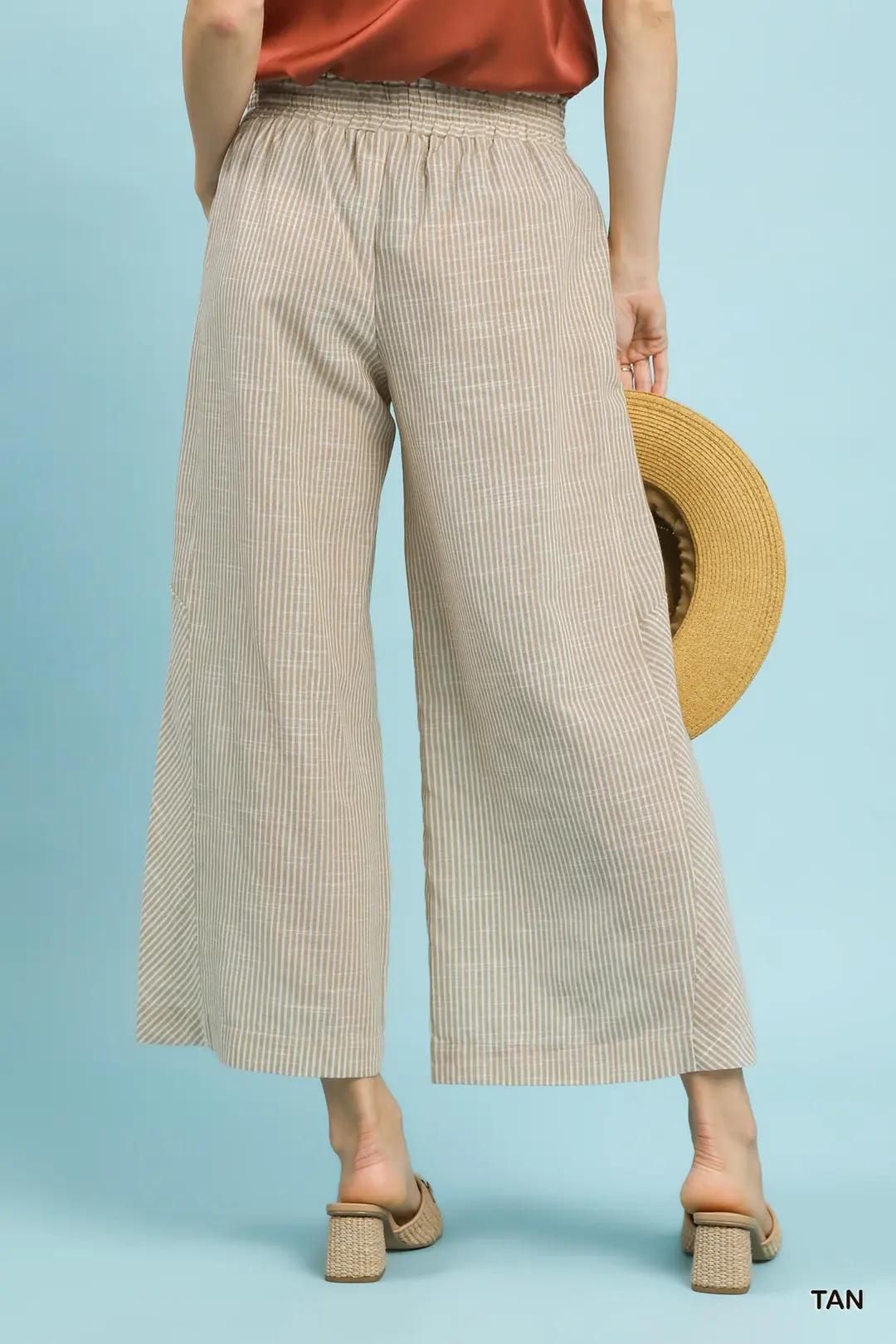 Tan Linen Blend Striped Wide Leg Pants