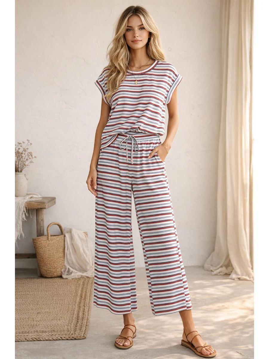 Red/White/Blue American Ribbed Striped Lounge Set