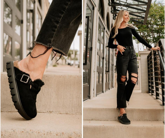 Black Buckle Faux Suede Clogs by Very G