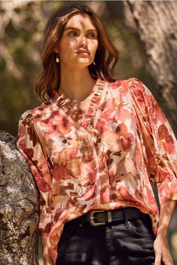Crinkled Floral Blouse with Contrast Piping by Oddi
