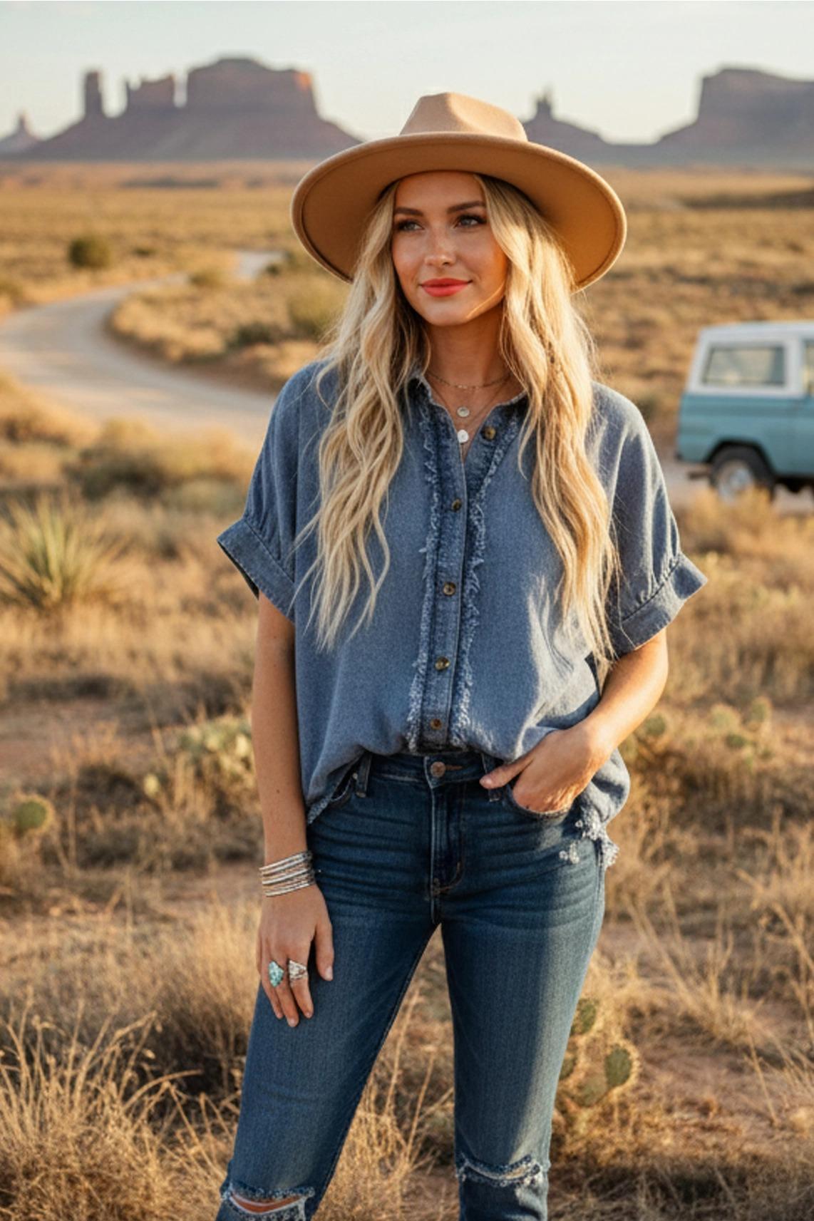 Denim Frayed Trim Denim Button Top by Sewn and Seen