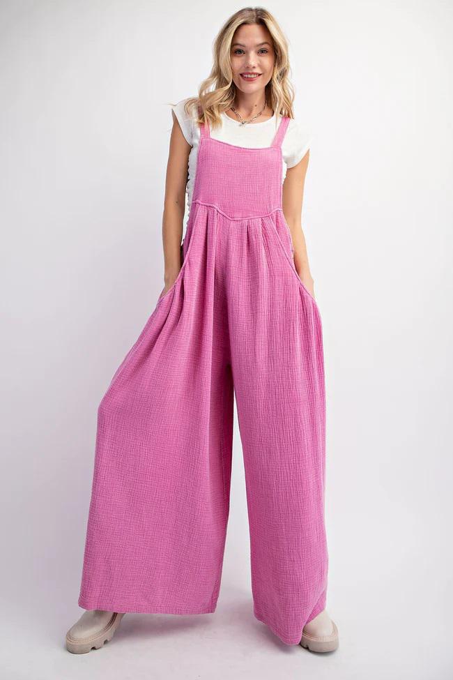 Carnation Pink Mineral Washed Cotton Gauze Palazzo Jumpsuit