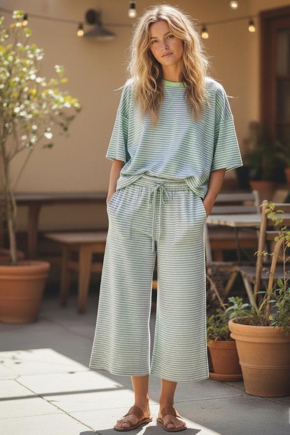 Mint & Lilac Striped Ribbed Knit Lounge Set