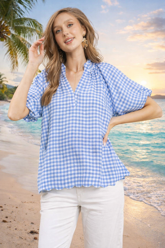Gingham Bubble Sleeve Scallop Hem Top