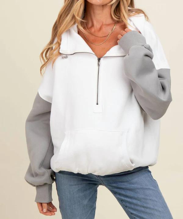 Oversized Color Block Elastic Hem Fleece Hoodie by Bibi