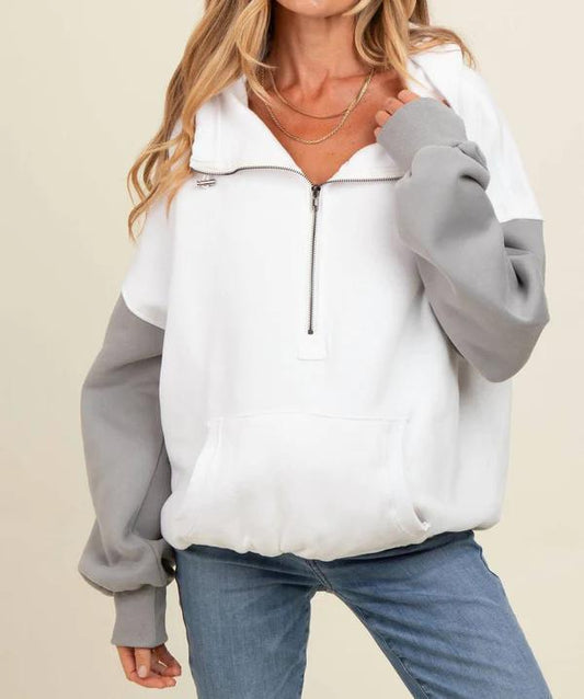 Oversized Color Block Elastic Hem Fleece Hoodie by Bibi