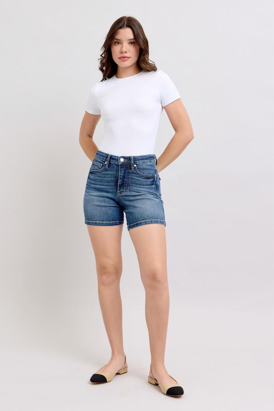 Mid-Rise Tummy Control Mid Length Shorts by Judy Blue - Style #150334