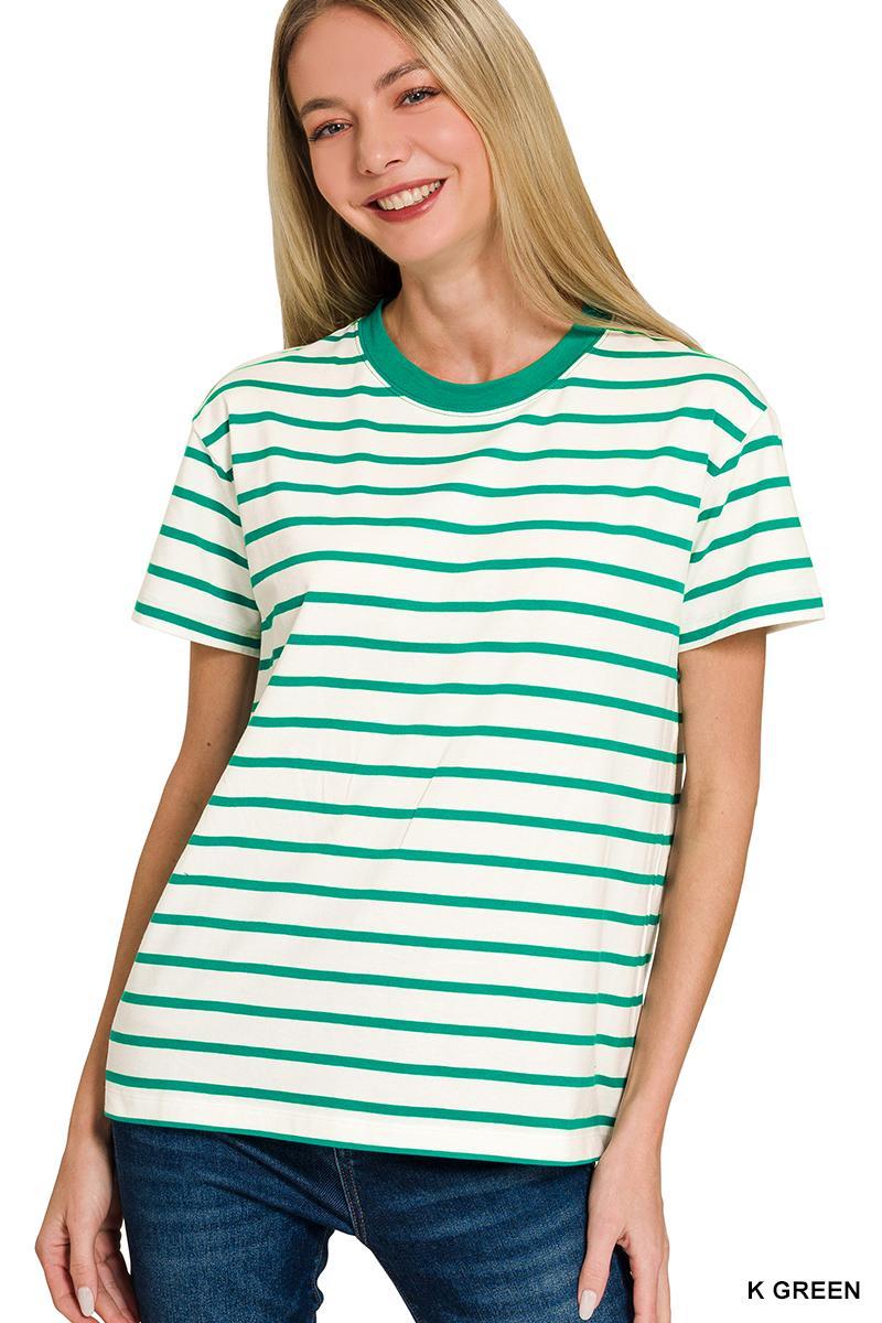 Striped Crew Neck Relaxed Fit Tee - Available in Black, Brown, Coral, Hot Pink and Green