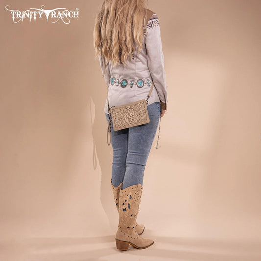 Beige Trinity Ranch Floral Aztec Tooled Collection Crossbody