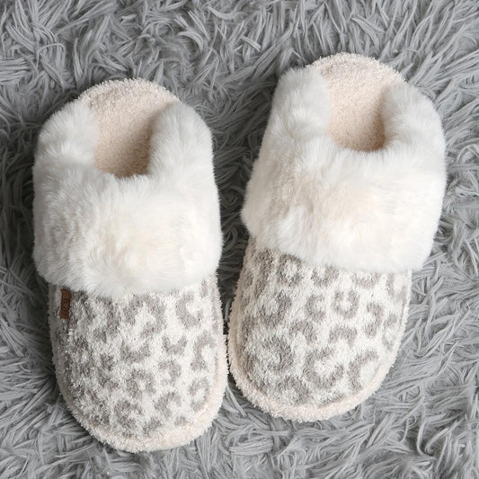 Grey Leopard Faux Fur Cuff Mule Luxury Soft Slipper