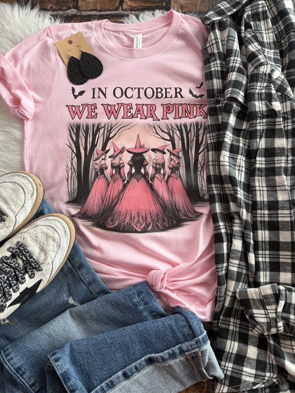 In October We Wear Pink Witches Graphic Tee