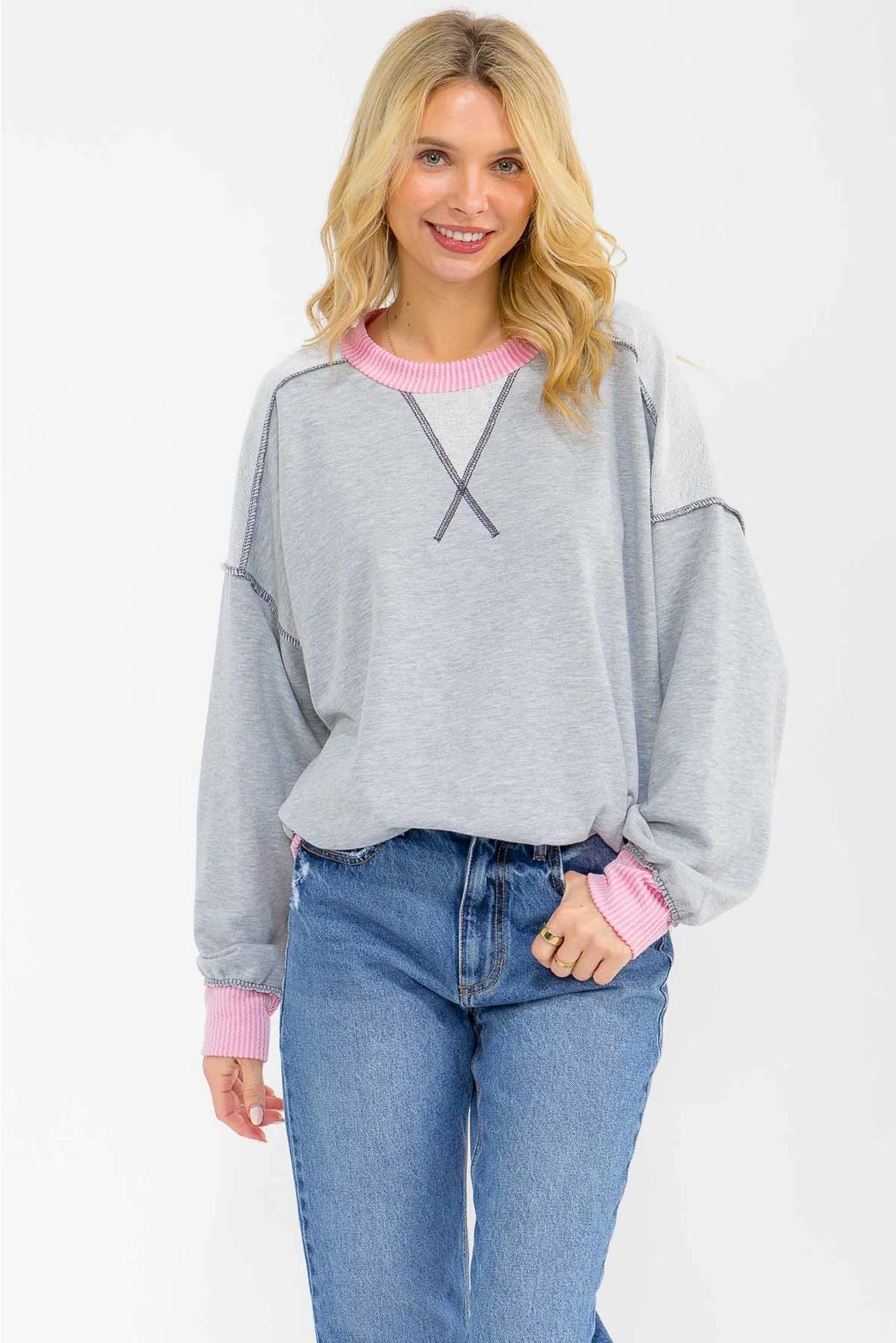 Heather Grey Contrast Trim Exposed Seam Sweatshirt