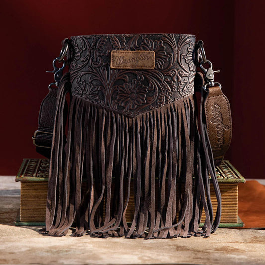 Coffee Vintage Floral Embossed Fringe Crossbody by Wrangler
