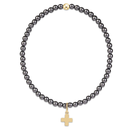 Classic Pearl Dark Grey 3mm Bracelet - Signature Cross Gold Charm