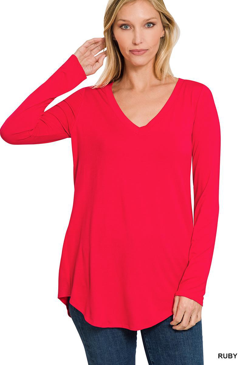 Ruby Red Long Sleeve Perfectly Simple V-Neck Knit Top