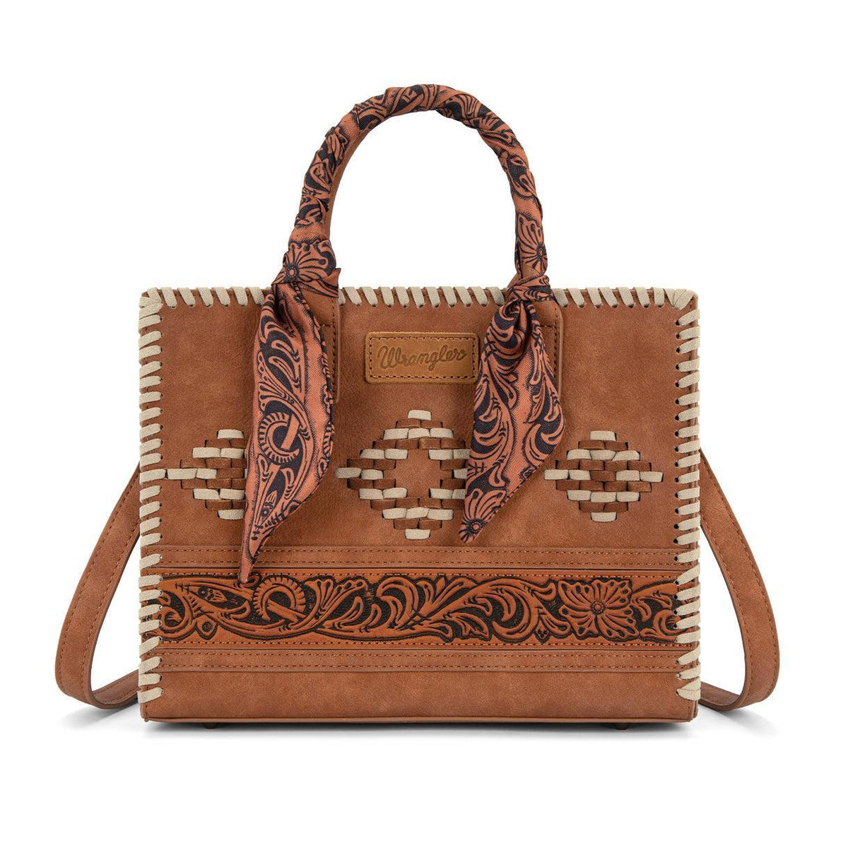 Brown Wrangler Whipstitch Aztec Satchel/Crossbody with Scarf Handle