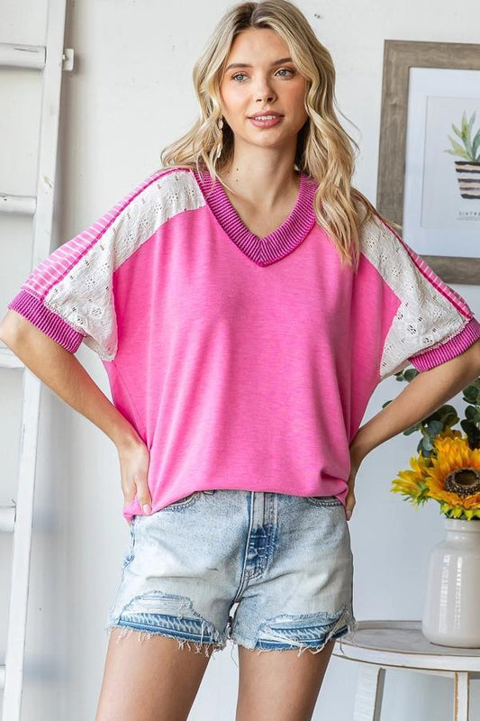 Pink Color Block V Neck Banded Short Sleeve Top