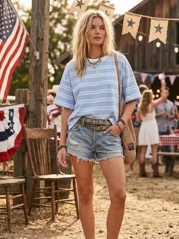 Blue/White American Striped Oversized Tee