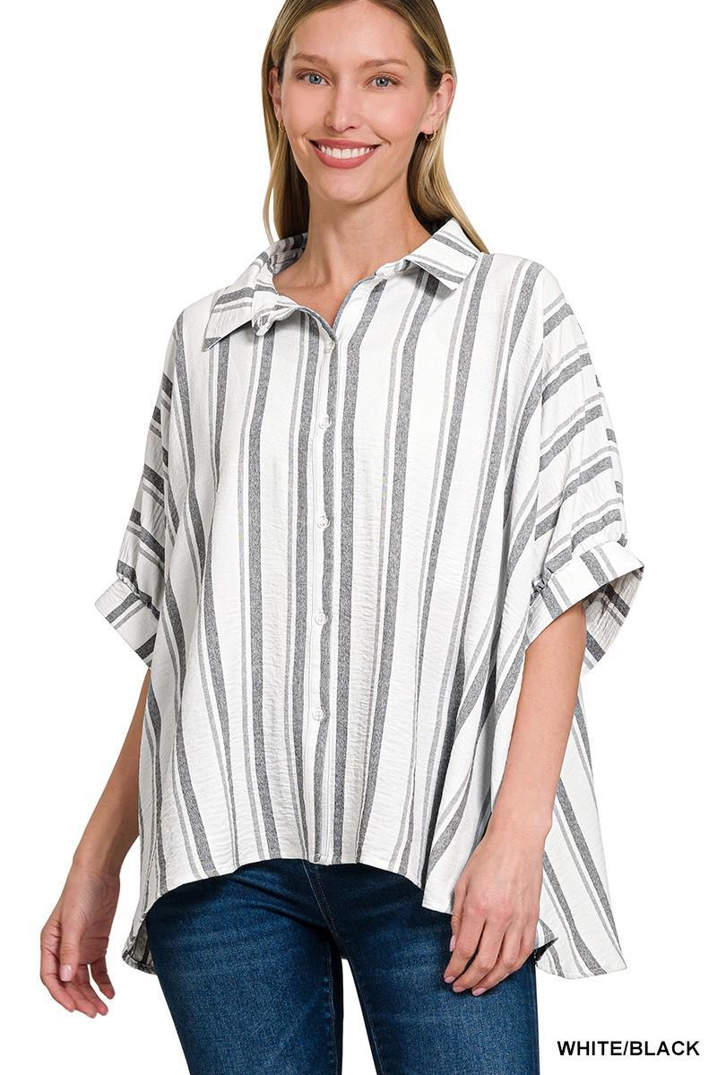 Black & White Classic Stripe Button Down Top by Zenana