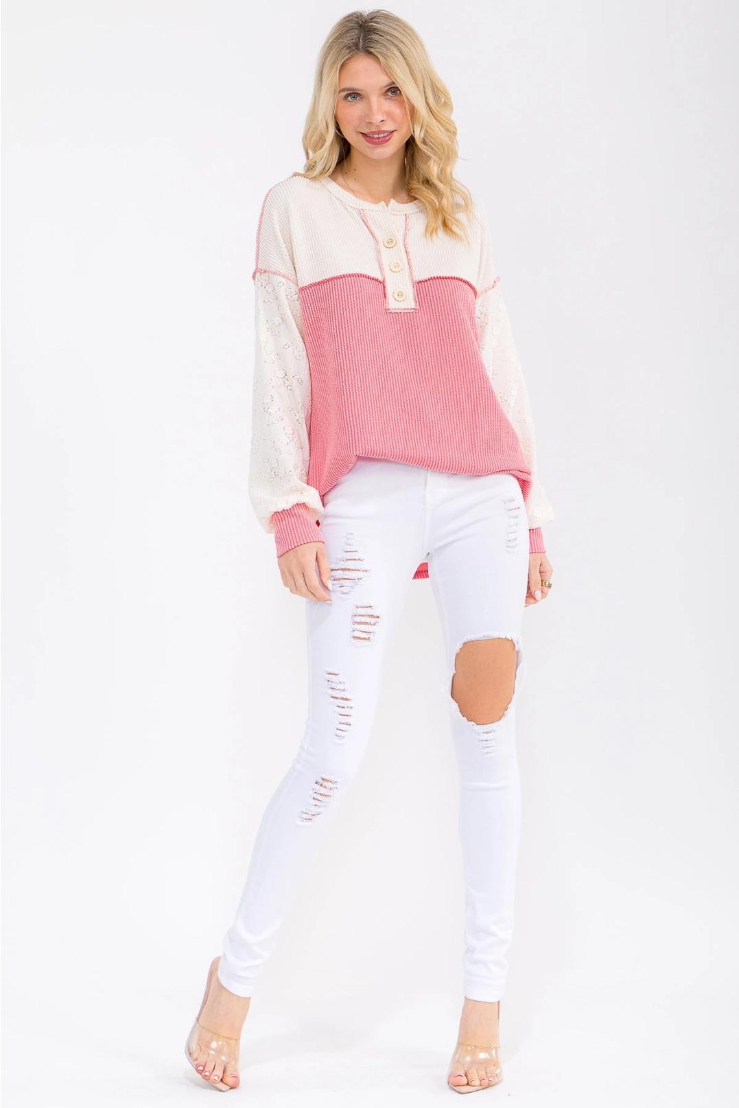 Coral Two Tone Rib Knit Lace Sleeve Henley Top
