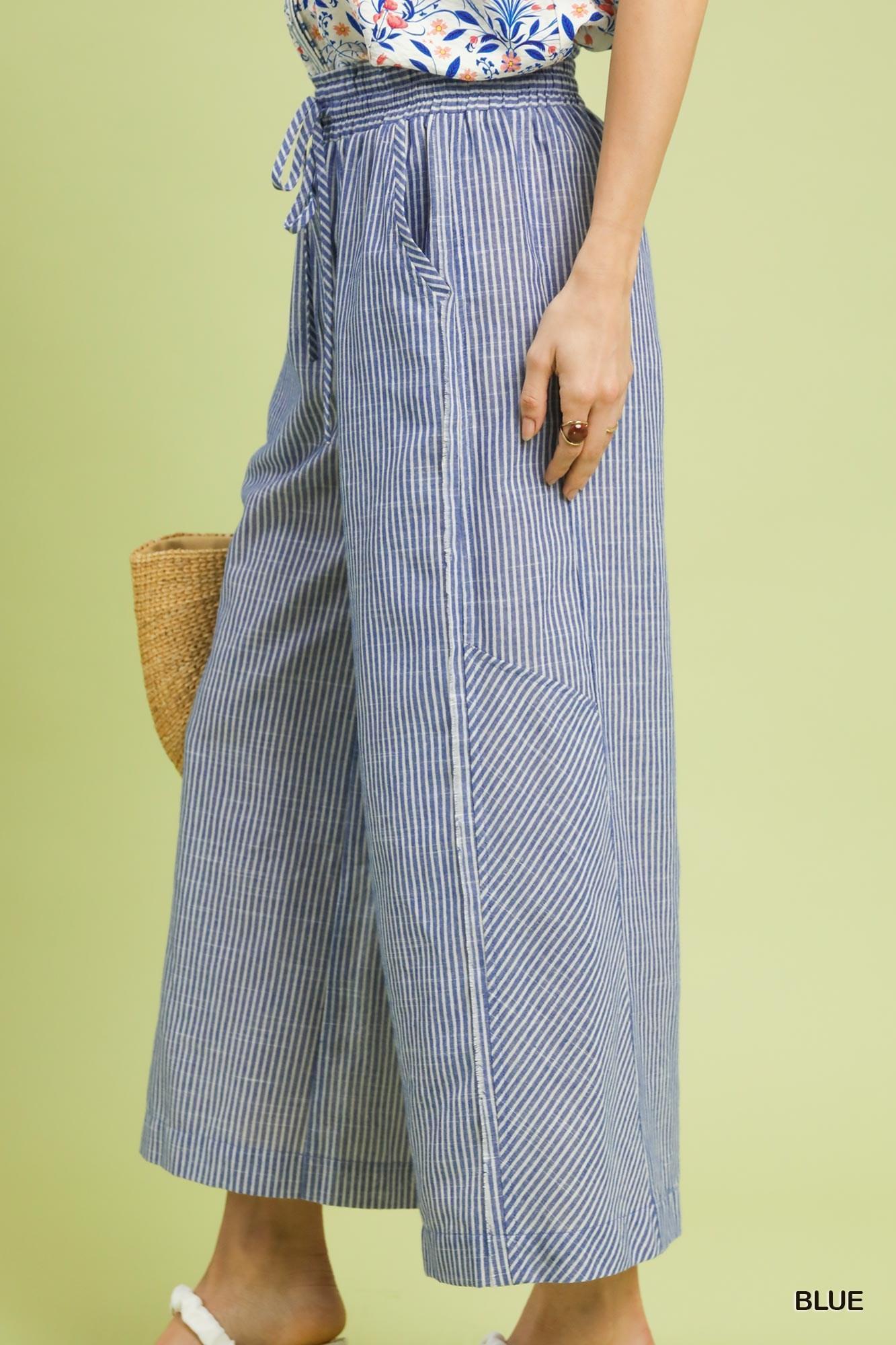 Blue Linen Blend Striped Wide Leg Pants