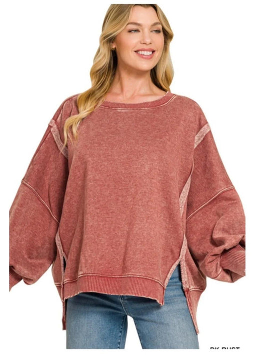 Dark Rust Oversized Acid Wash Batwing Sleeve Sweatshirt by Zenana