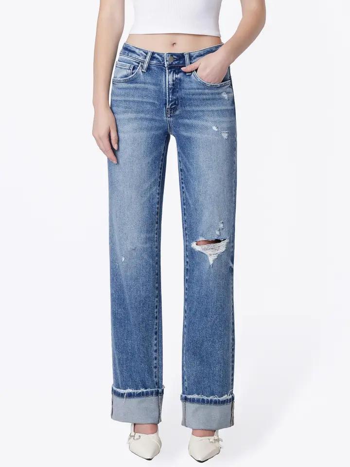 High rise distressed cuffed slim wide jeans by Flying Monkey - Style # F9132
