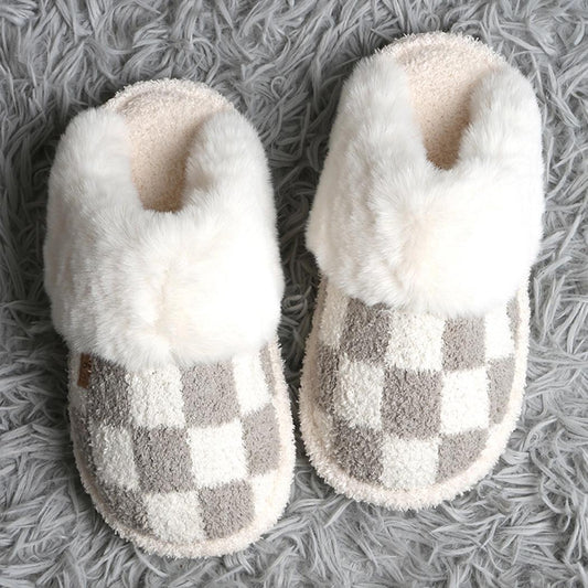 Grey Checkered Faux Fur Cuff Mule Luxury Soft Slipper