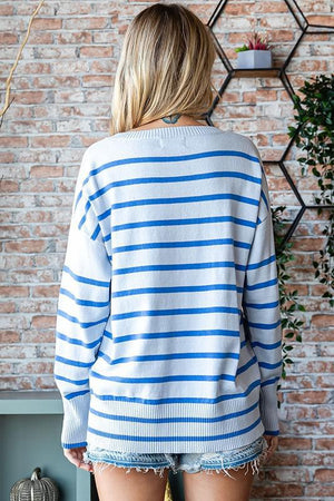 Blue Striped V-Neck Long Sleeve Knit Sweater Top by First Love