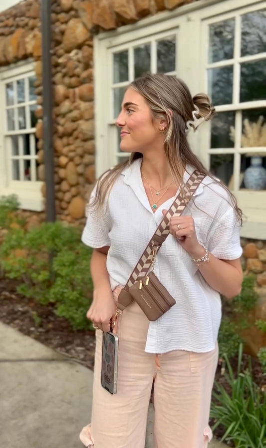 Brown/Cream Chevron Clip & Go Crossbody Strap W/Zippered Pouch by Save The Girls
