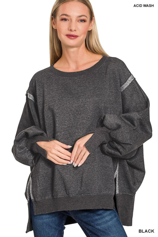 Black Oversized Acid Wash Batwing Sleeve Sweatshirt by Zenana