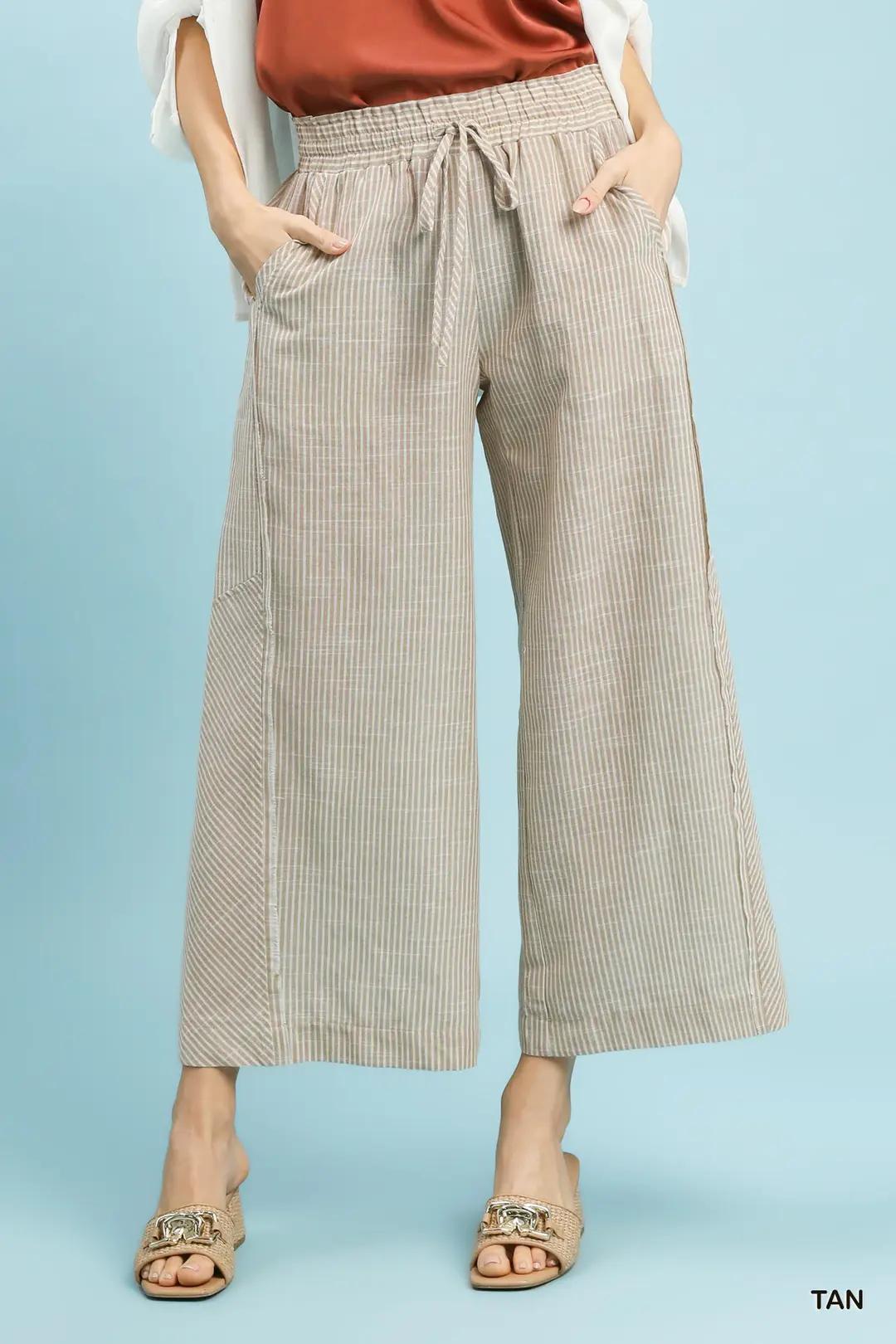Tan Linen Blend Striped Wide Leg Pants